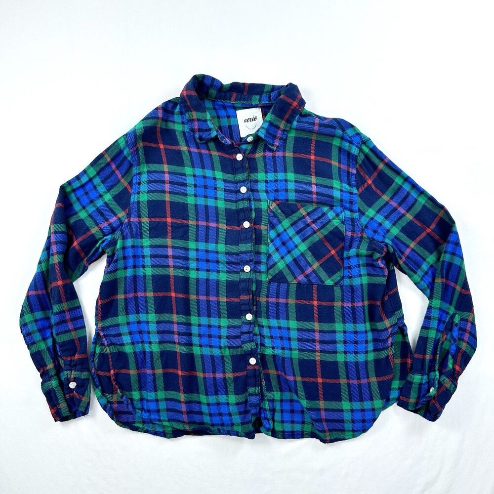Aerie Flannel Shirt Womens Small Blue Plaid Cotton Long Sleeve Lumber Jane